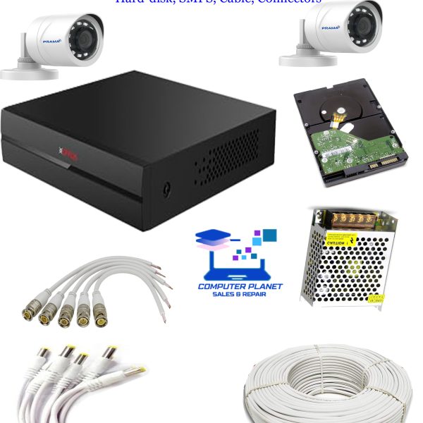 2 CCTV outdoor camera Setup full with 4 Channel Prama DVR with Prama 2MP- 2pcs Bullet Cameras (Day/Night Vision) + 500GB HDD + CP-Plus 90mtr Cable(3+1) + 4 CH Power Supply + BNC & DC Full Combo Kit